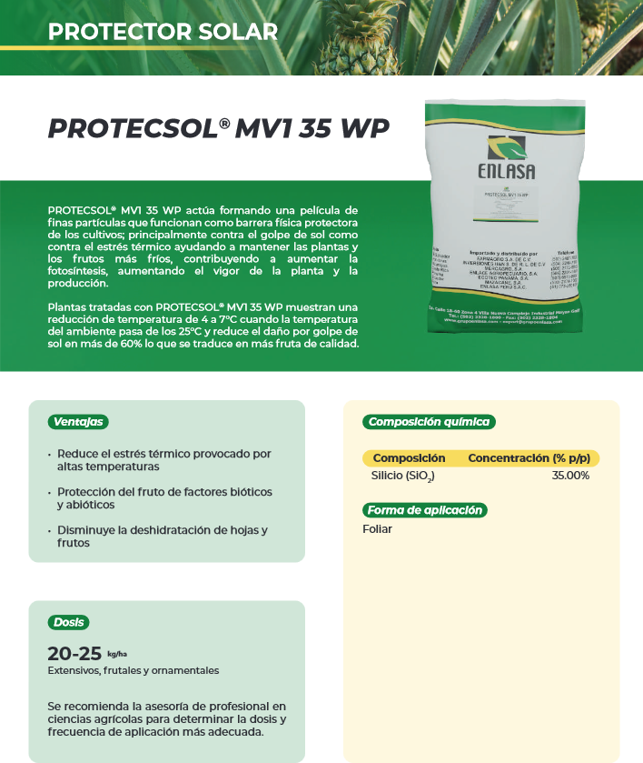PROTECSOL MV1 35 WP – Protector Solar Foliar Caolín 35% Silicio – Enlasa 25 Kilos - Fertilizante | AgroTerra