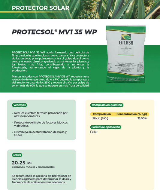 PROTECSOL MV1 35 WP – Protector Solar Foliar Caolín 35% Silicio – Enlasa 25 Kilos - Fertilizante | AgroTerra